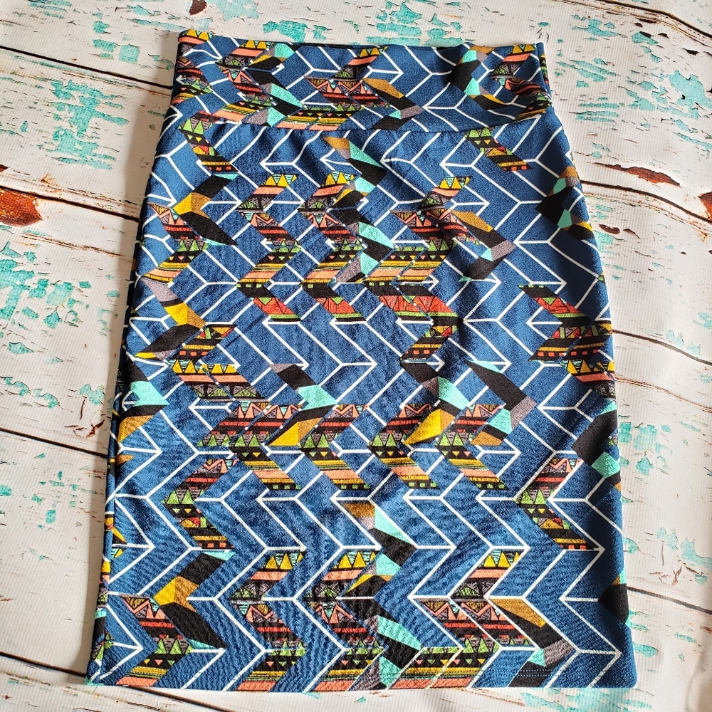 LuLaRoe Blue Geometric Chevron Pencil Skirt with Multi-Color Tribal Accents